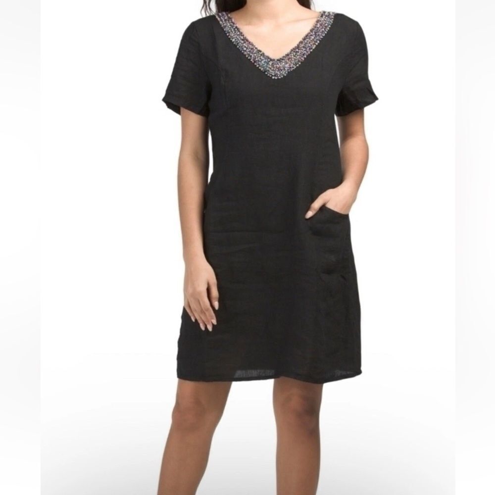 Lina Tomei Mini Dress with Beaded Neckline Sz S Linen Pockets Made in Italy